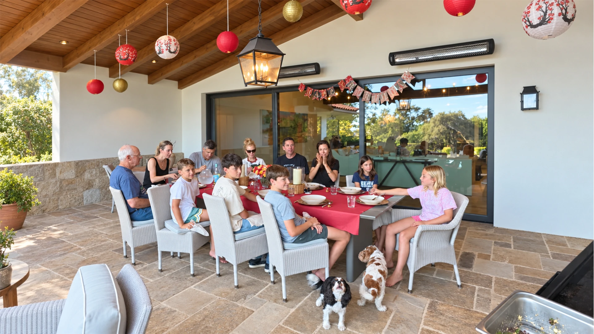 Multi-generational family gathered around a birthday dinner table on a covered patio