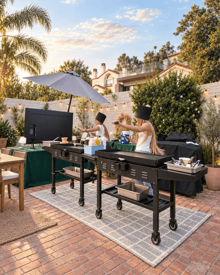 Two hibachi chefs at mobile flat-top grills in a California backyard with string lights