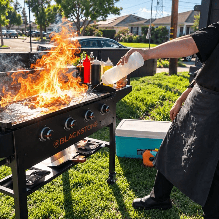 Hibachi chef creating a controlled flame on an outdoor flat-top grill